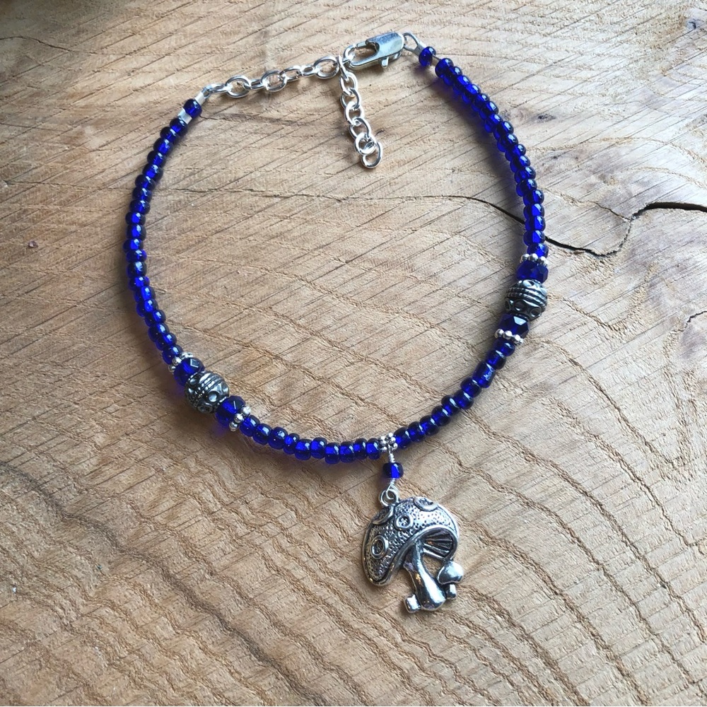 Mushroom Anklet Blue Beaded with Silver Charm Boho Cottagecore‎ Festival